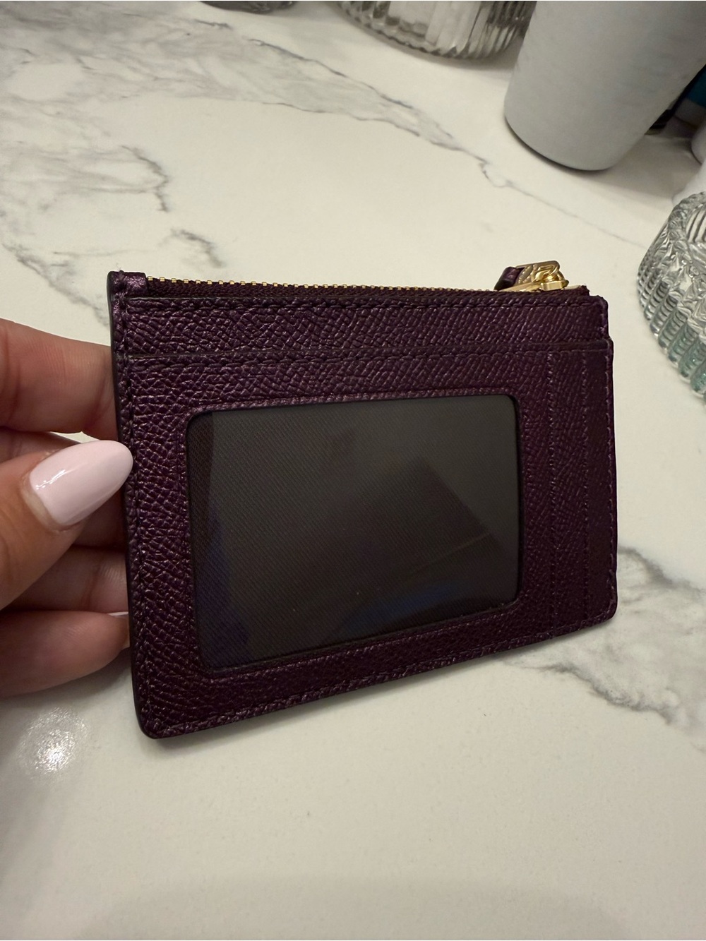 Coach Metallic Raspberry Leather Zip Card Case with Key Ring - Picture 4 of 5